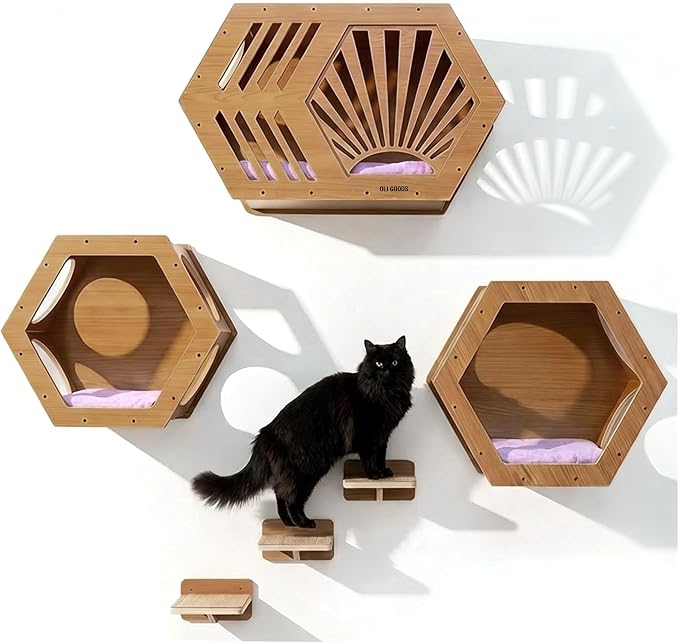 Modern Hexagonal Cat Wall Shelf System, 6-Piece Wood Wall Mounted Cat Furniture by Unknown