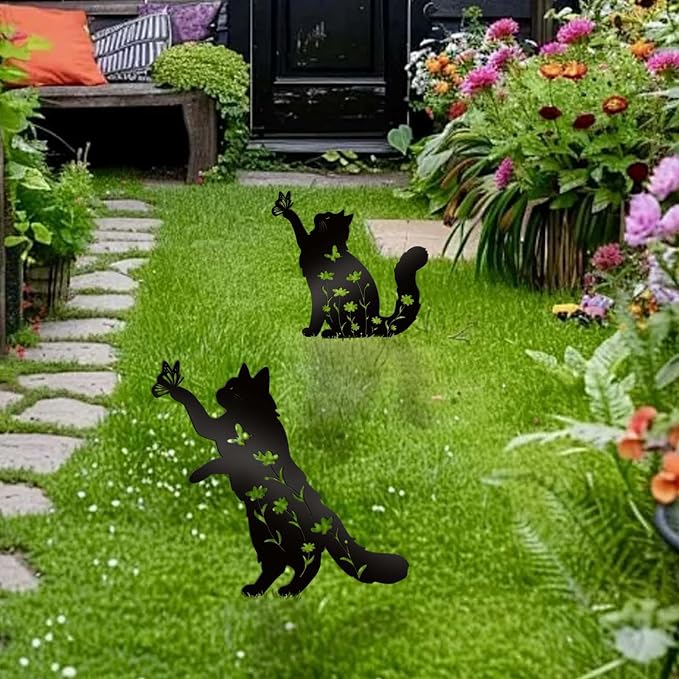 Bnesi Floral Long-Haired Cat Yard Decor Pet Grave Markers Metal Sign Silhouette - Image 8