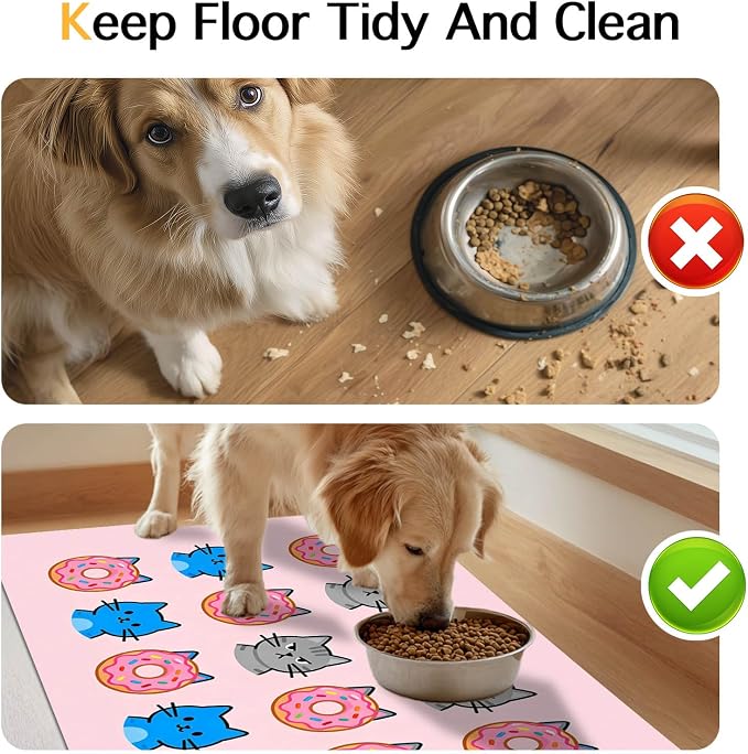 Cat Feeding Mat 24x16 inch Donut Cat Print Pet Bowl Placemat Non Slip Floor Mat - Image 8