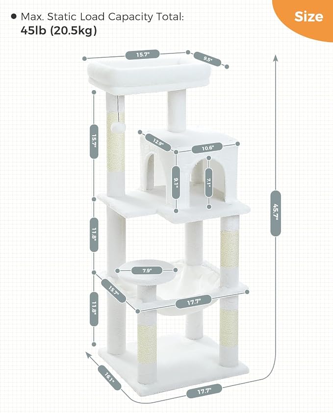 White Cat Tree for Indoor Cats, 45.7" Multi-Level Cat Tower - Image 7