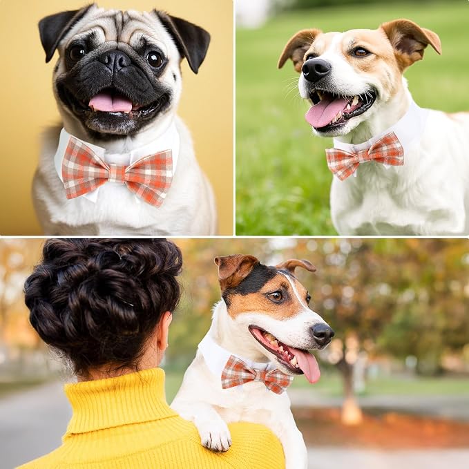 Segarty Dog Bow Tie, Adjustable Orange Plaid Bowtie Collar - Image 3