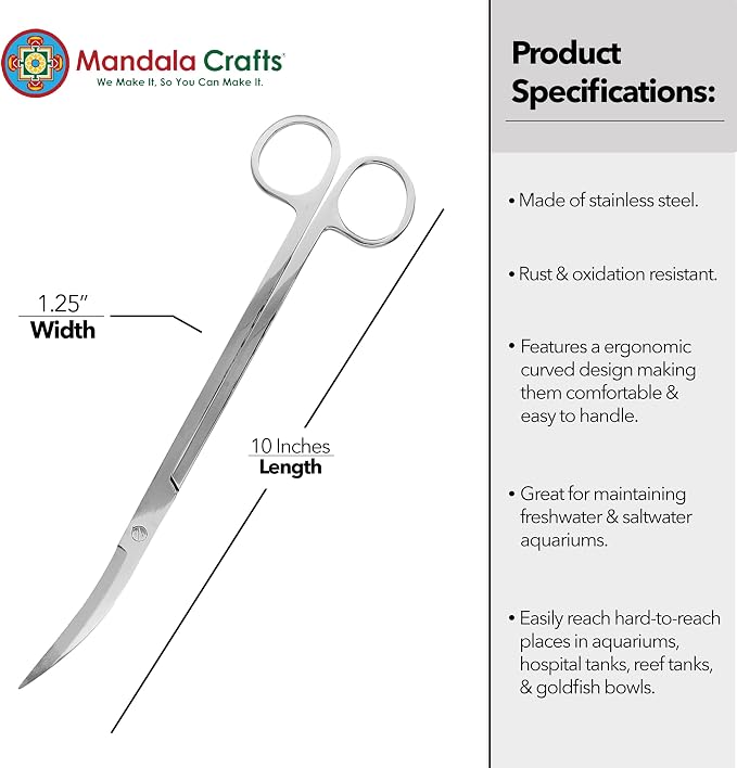 Mandala Crafts 10 Inches Silver Stainless Steel Curved Aquarium Scissors - Image 3