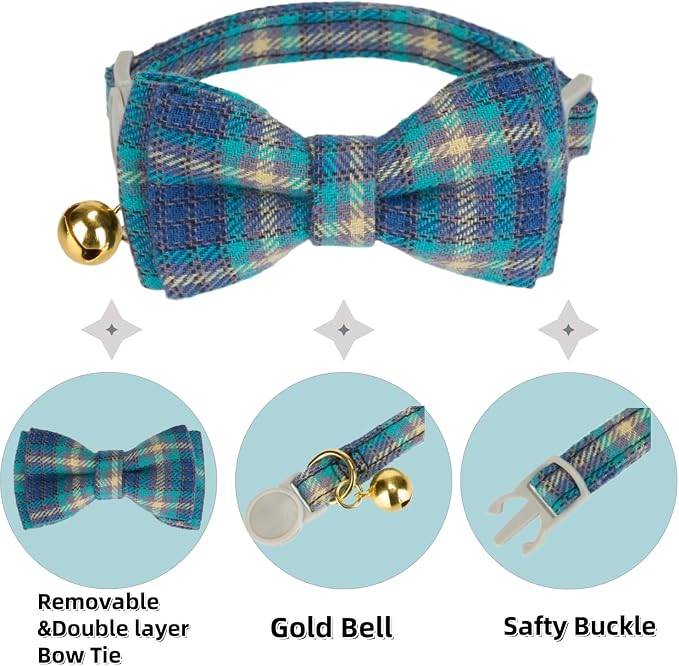 2 Pack Cotton Cat Collar, Removable Bowtie, Plaid Pattern, Safety Breakaway - Image 3