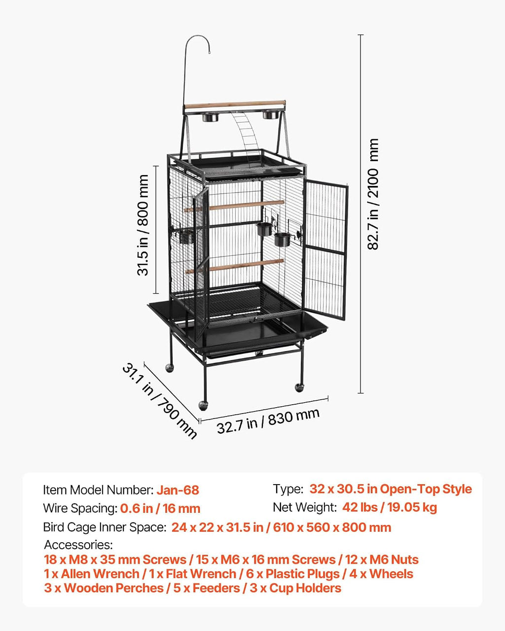 VEVOR Bird Cage, 32.7 x 31.1 x 82.7 Inch, Open Flat Top - GlobalHabitat Supply