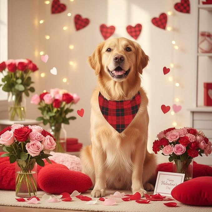 Weewooday 50 Pcs Valentine's Day Red Plaid Dog Bandanas Bulk - Image 2