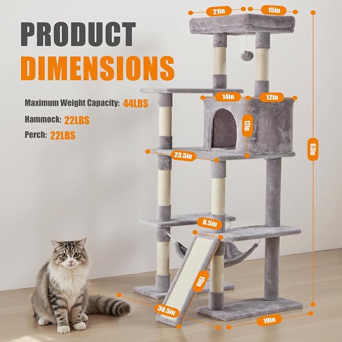 Large Cat Tree 63 Inch, Sisal Scratching Posts Board and Hammock, Pet Play House - Image 2