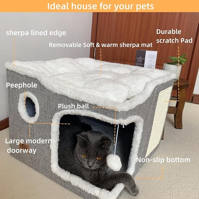 Cat Bed for Indoor Cats, Covered Cat Cave House & Furniture - Image 3