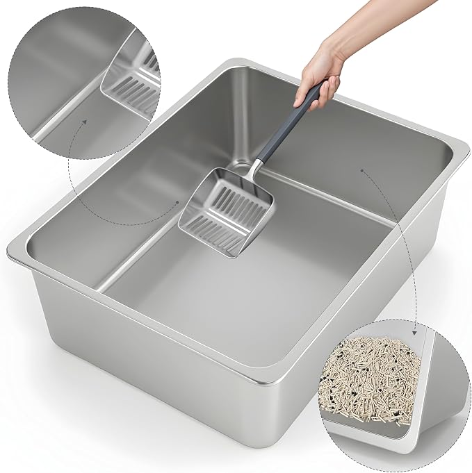 Kirecoo Stainless Steel Cat Litter Box XL- Metal High Sided Cat Pan, Large - Image 3