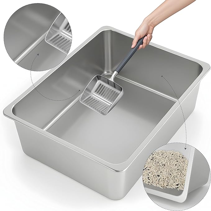 Kirecoo Stainless Steel Litter Box, Large Low Entry Metal Cat Pan Box, Indoor - Image 3