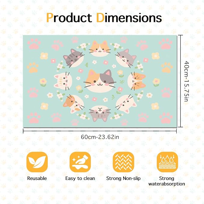 Cat Feeding Mat 24x16 inch Kitten Print Pet Bowl Placemat Non Slip Floor Mat - Image 6