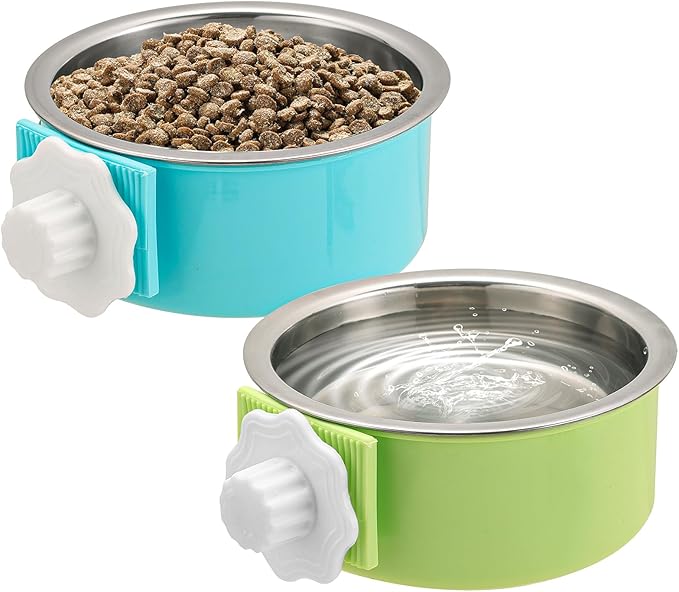 2 Pieces Crate Dog Bowl, Removable Stainless Steel Pet Kennel Hanging Food by Mechpia