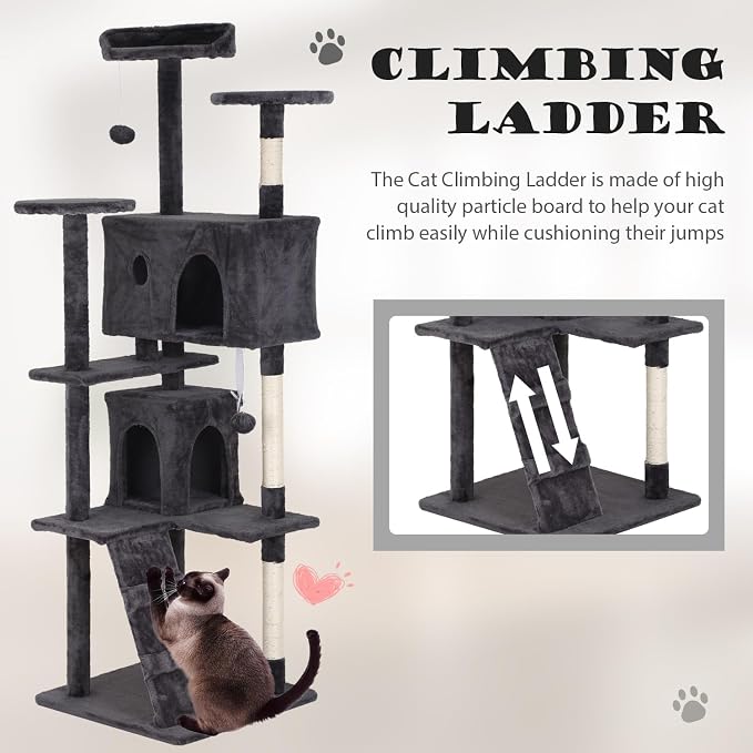 Heavy Duty Cat Tree Tower, Cat Condo, Hanging Ball, Light Grey - Image 5