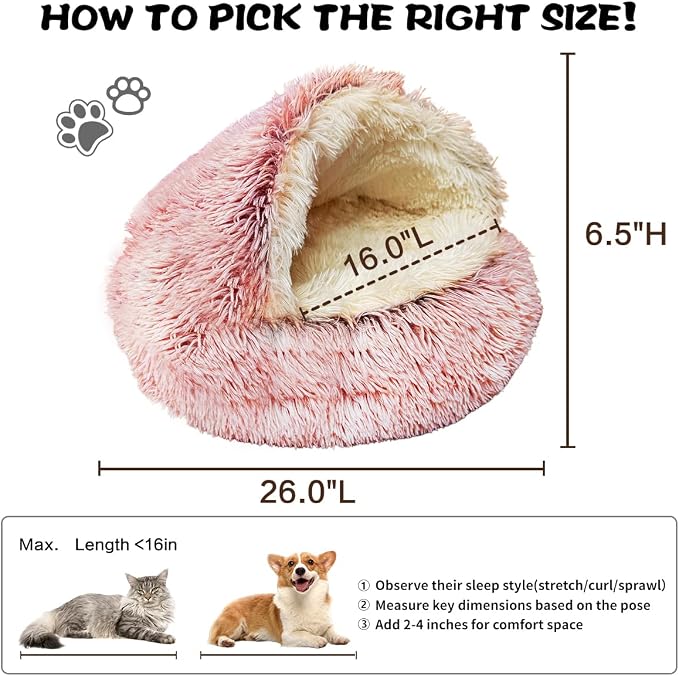 ShinHye Cat Bed Round Plush Fluffy Hooded Cat Bed Cave, Cozy - Image 2