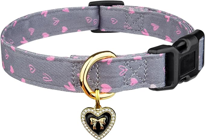 Cotton Handmade Dog Collar Cute and Distinctive Patterns Grey Heart by Fyeqyaou