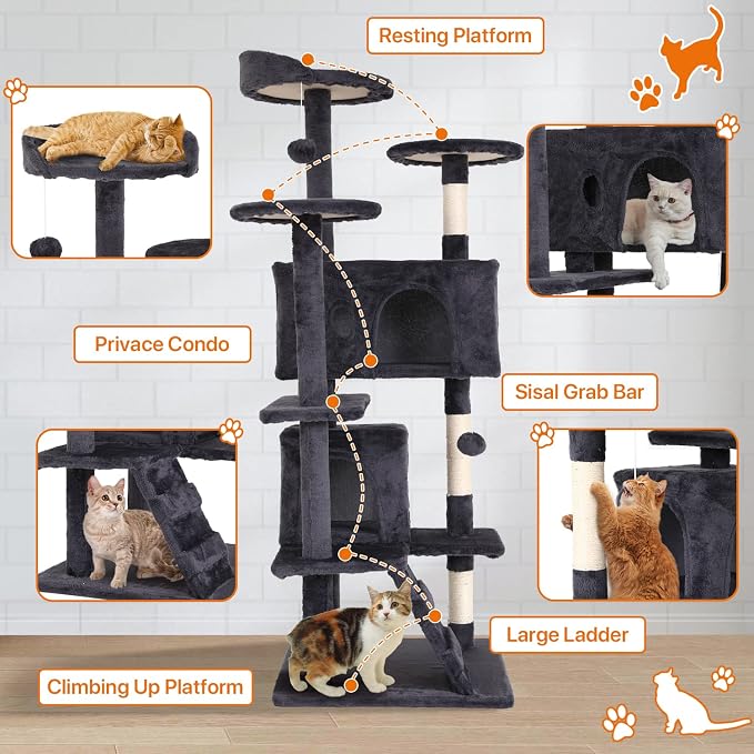 70 Inch Light Gray Cat Tree, Tall Cat Tower - Image 6