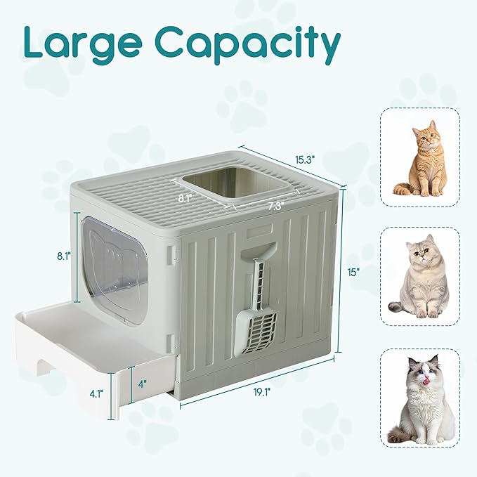 OLIXIS Cat Litter Box with Lid, Large Foldable Cat Box with Litter Scoop - Image 2