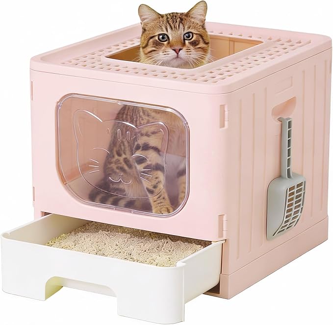 OLIXIS Cat Litter Box with Lid, Large Foldable Cat Box with Litter Scoop by OLIXIS