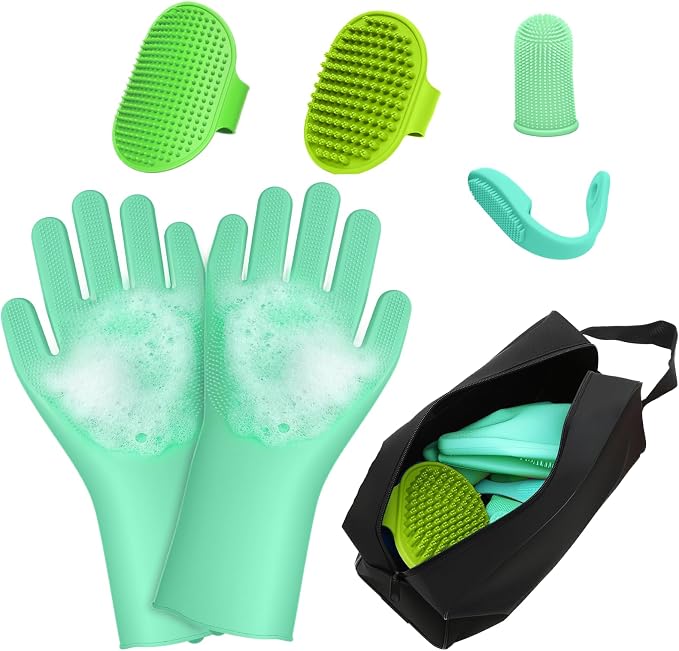 7PCS Dog Washing Gloves | Dog Bath Brush | Storage Bag | Dog Finger Toothbrush by Unknown