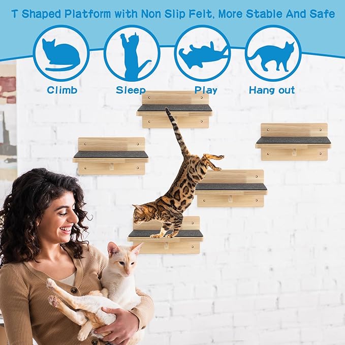 Lenwen Set of 6 Cat Wall Steps Shelf Shelves Wood Cat Climbing Shelves - Image 5