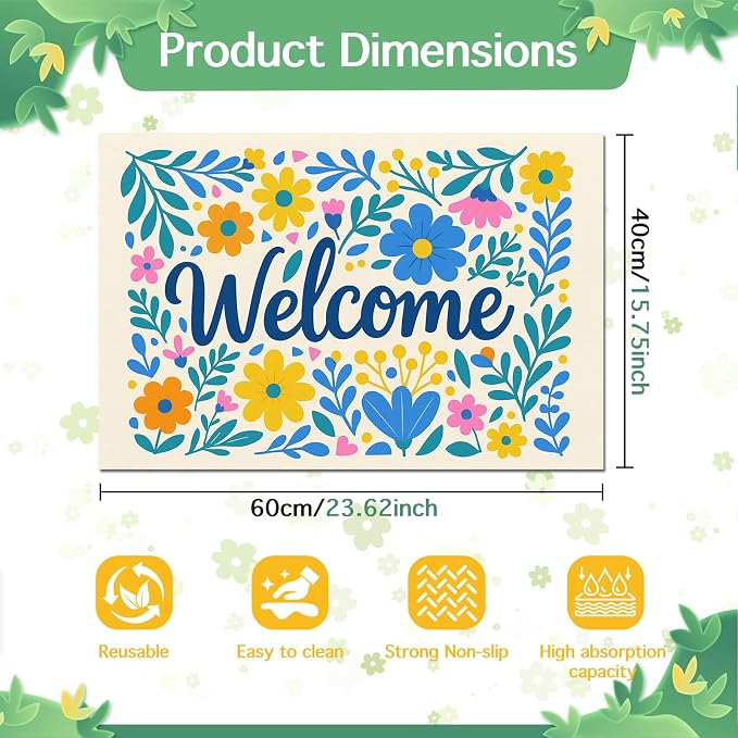 Spring Pet Feeding Mat 24" x 16" Colorful Welcome Floral Design Non Slip Dog - Image 5