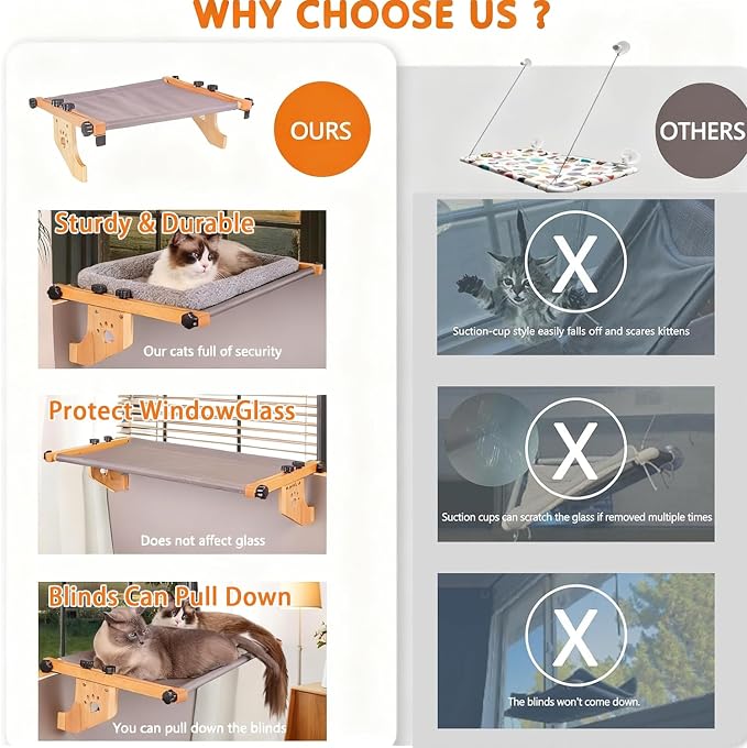 Cat Window Perch- Adjustable Sill Fit, Renter-Safe, Wood-Metal Frame Sturdy - Image 6