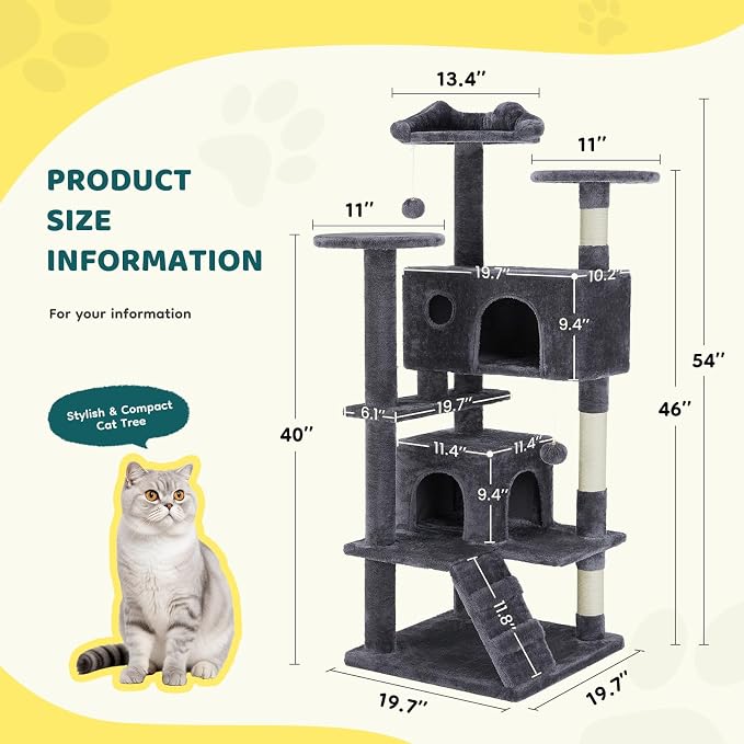 Cat Tree 54 Inch, Sisal Scratching Posts and Climbing Ladder, Pet Play Toy - Image 2