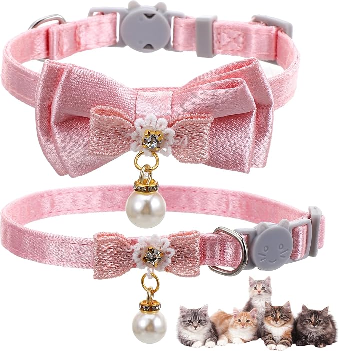 2 Pack Pink Cotton Cat Collars for Girl Cats, Cute Pearl Bow Kitten Collar by Xinjoduz