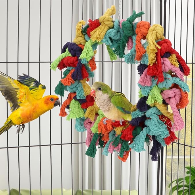 Bird Colorful Cotton Rope Hanging Ring Parrot Preening Grooming Chew Climb - Image 5