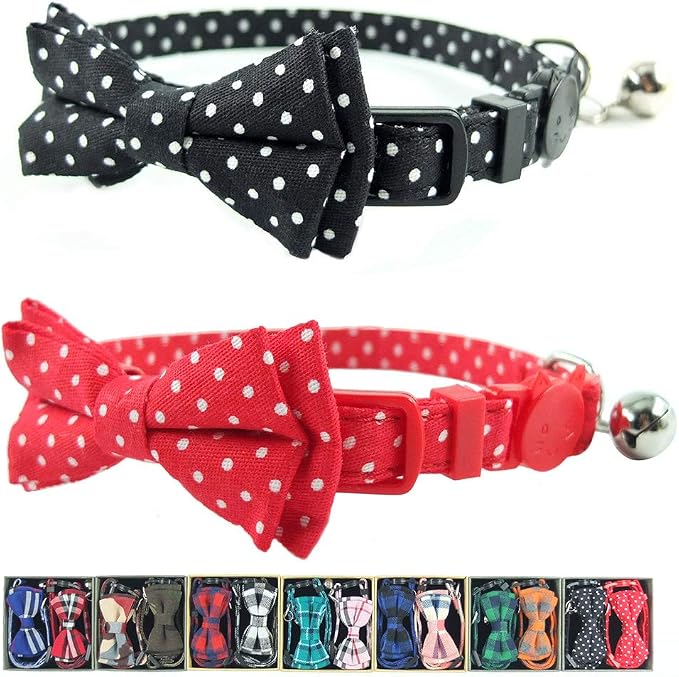Cat Collar with Bell and Bow Tie, Breakaway Clasp Cute Dots Kitty Kitten Collar by Ximipet