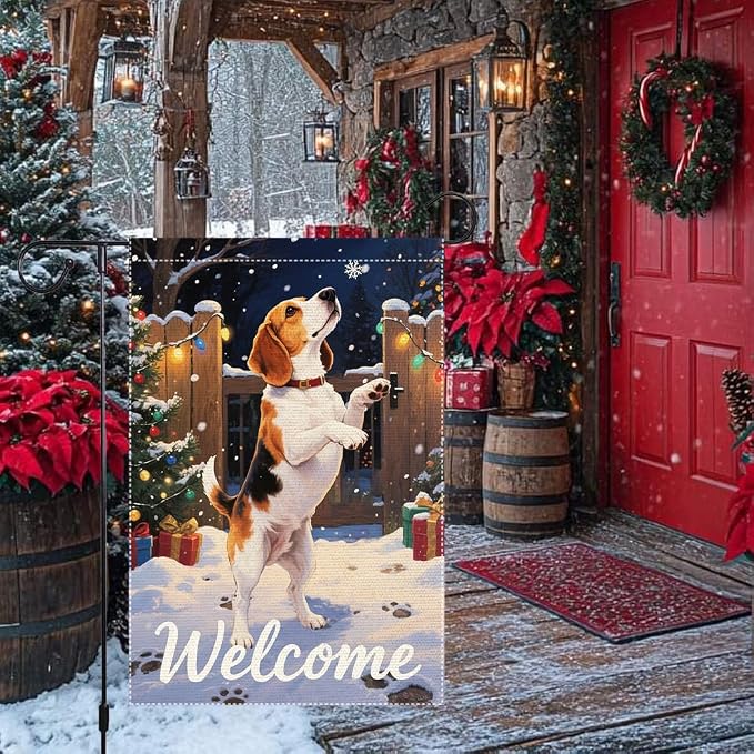 Beagle Dog Welcome Garden Flag 12x18 Inch Double Sided Christmas Burlap Yard - Image 2