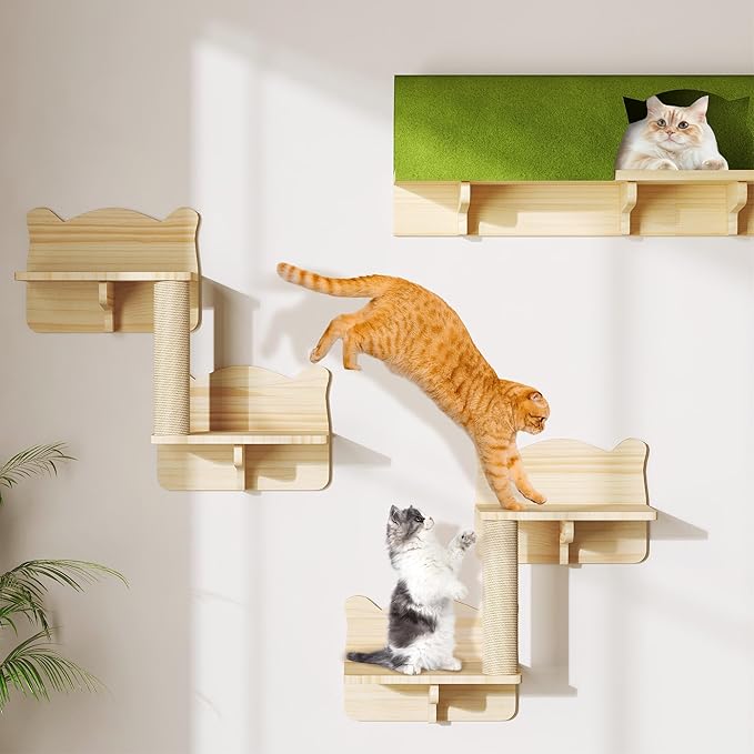 7-in-1 Cat Wall Shelves and Perches, Floating Cat Shelves Set, Solid Wood Wall - Image 5