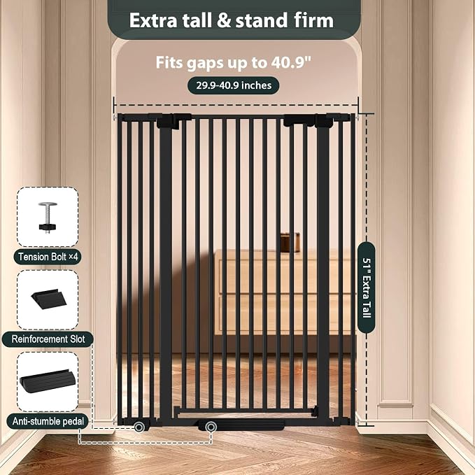51'' Extra Tall Cat Gate for Doorways Hallways 30-40.9'' Wide, Pressure Mounted - Image 5