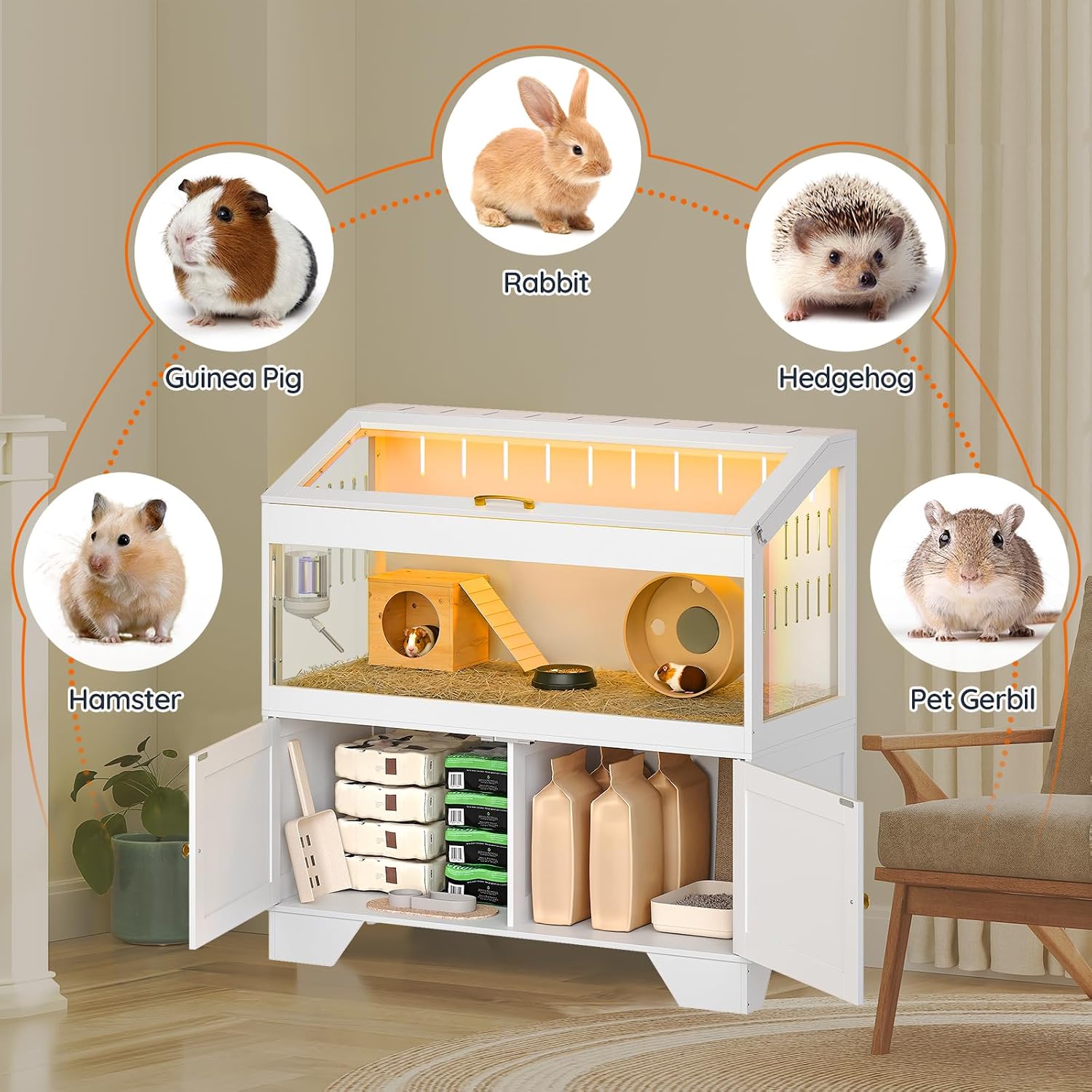 HOOBRO Large Hamster Cage with Storage Cabinet, White - GlobalHabitat Supply