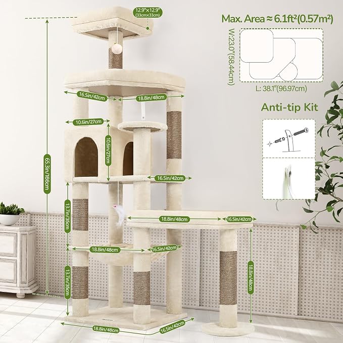 Globlazer Extra Large Platform Cat Tree, 65in Tall Sturdy Cat Tree - Image 7