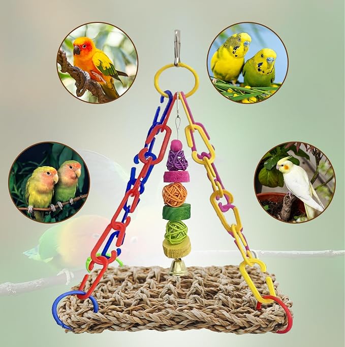 Bird Swing Toy Seagrass Mat, Natural Sea-Weed Woven Parrot Hammock Swing Bird - Image 7