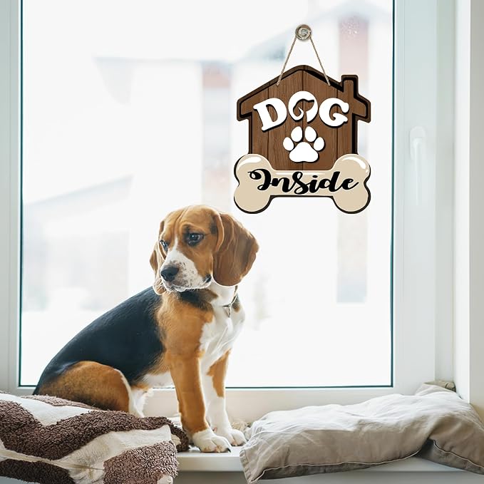 Dog Inside Front Door Sign, Doghouse Bone Paw Prints Wood Door Hanger Outdoor - Image 5