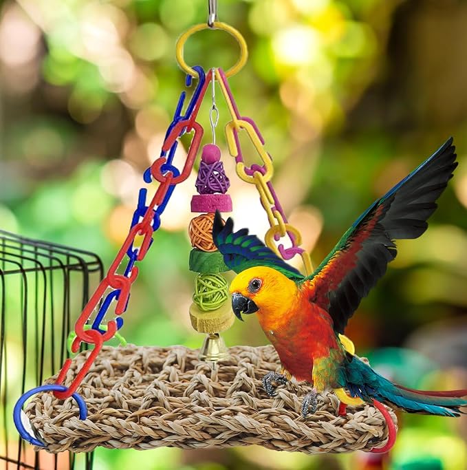 Bird Swing Toy Seagrass Mat, Natural Sea-Weed Woven Parrot Hammock Swing Bird - Image 4