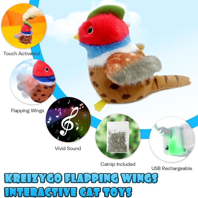 Cat Toys, Flapping Wings Pheasant, No Flying, Chirping Bird Interactive Catnip - Image 2