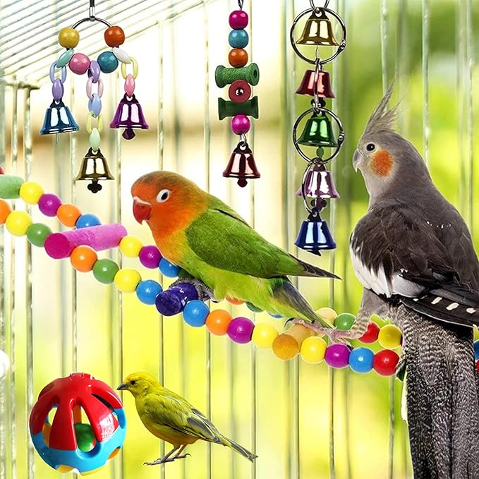 Hamiledyi Bird Parrot Swing Chewing Toy Set 15PCS Wooden Hanging Bell - Image 2