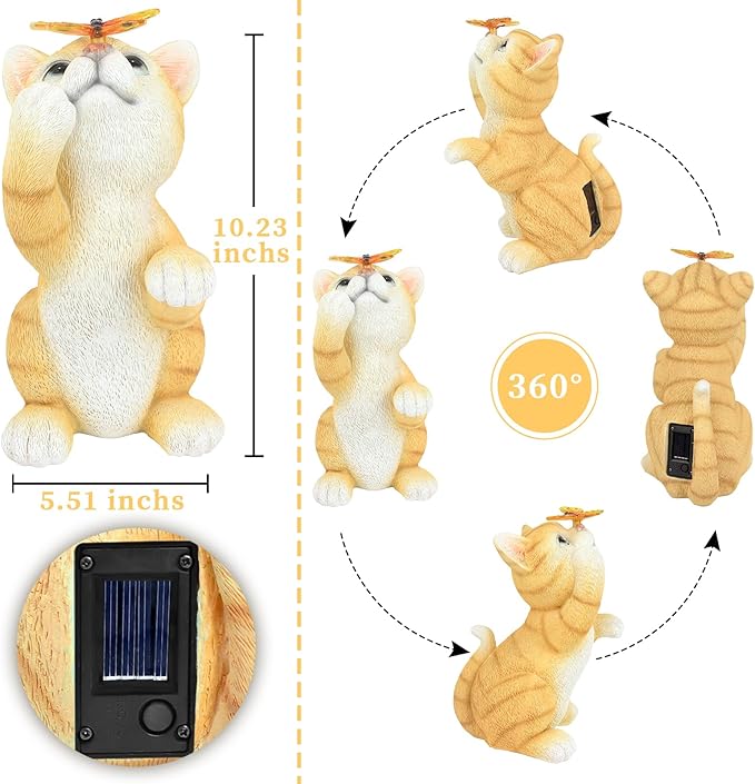 Solar Garden Statue Cat Figurine, Resin Cat Statue Playing Butterfly, Outdoor - Image 5