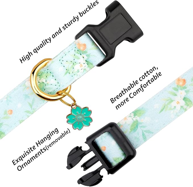Cotton Handmade Dog Collar Cute and Distinctive Patterns Light Green Flower - Image 2