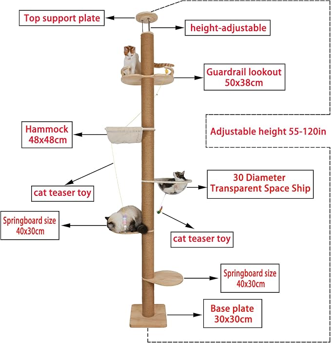 Floor to Ceiling Cat Tree Height Adjustable Cat Tower 5 Tier Hemp Scratching - Image 4