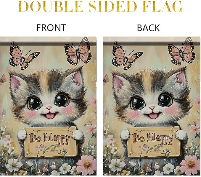 Be Happy Cat Garden Flag 12x18 Inch Double Sided Outdoor Yard Banner Cute Kitten - Image 3