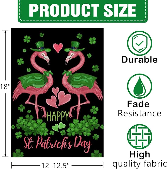 Dyrenson Happy St Patricks Day Flamingo Decorative Garden Flag, Lucky Shamrock - Image 2