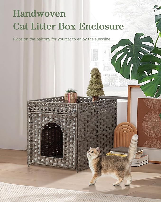Cat Litter Enclosure with Hidden Litter Mat and Rattan Cat House, Supports Two - Image 6