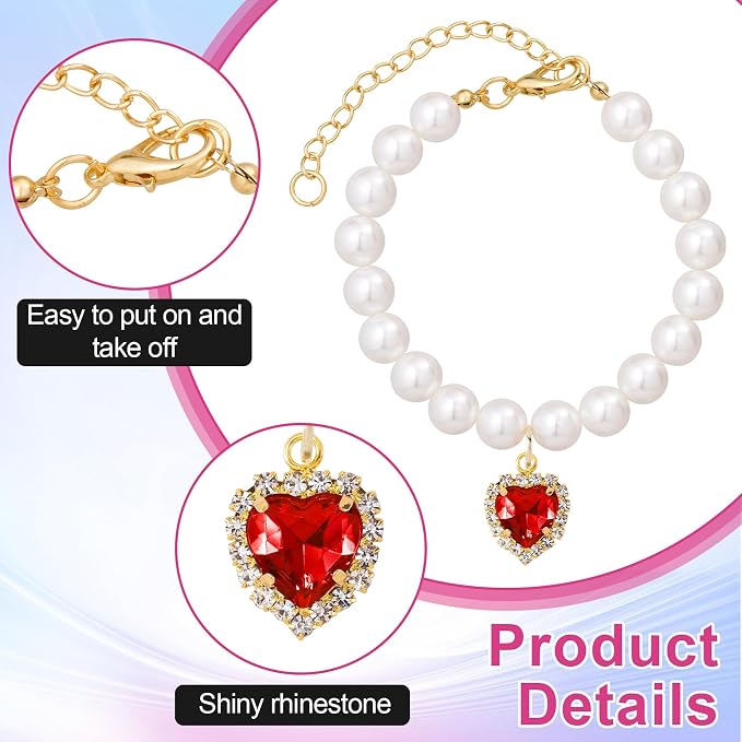 2pcs Cat Pearl Collar with Heart Pendant, Cute Pearl Pet Necklace in Small - Image 3