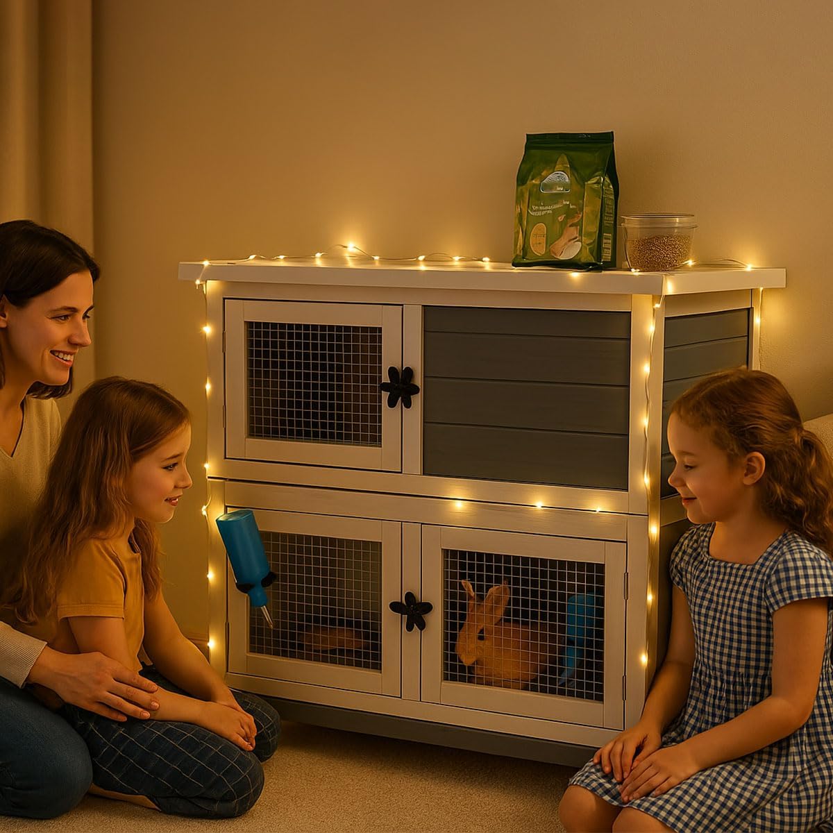 2-Story Solid Wood Rabbit Hutch with 2 Main Rooms, Grey - GlobalHabitat Supply