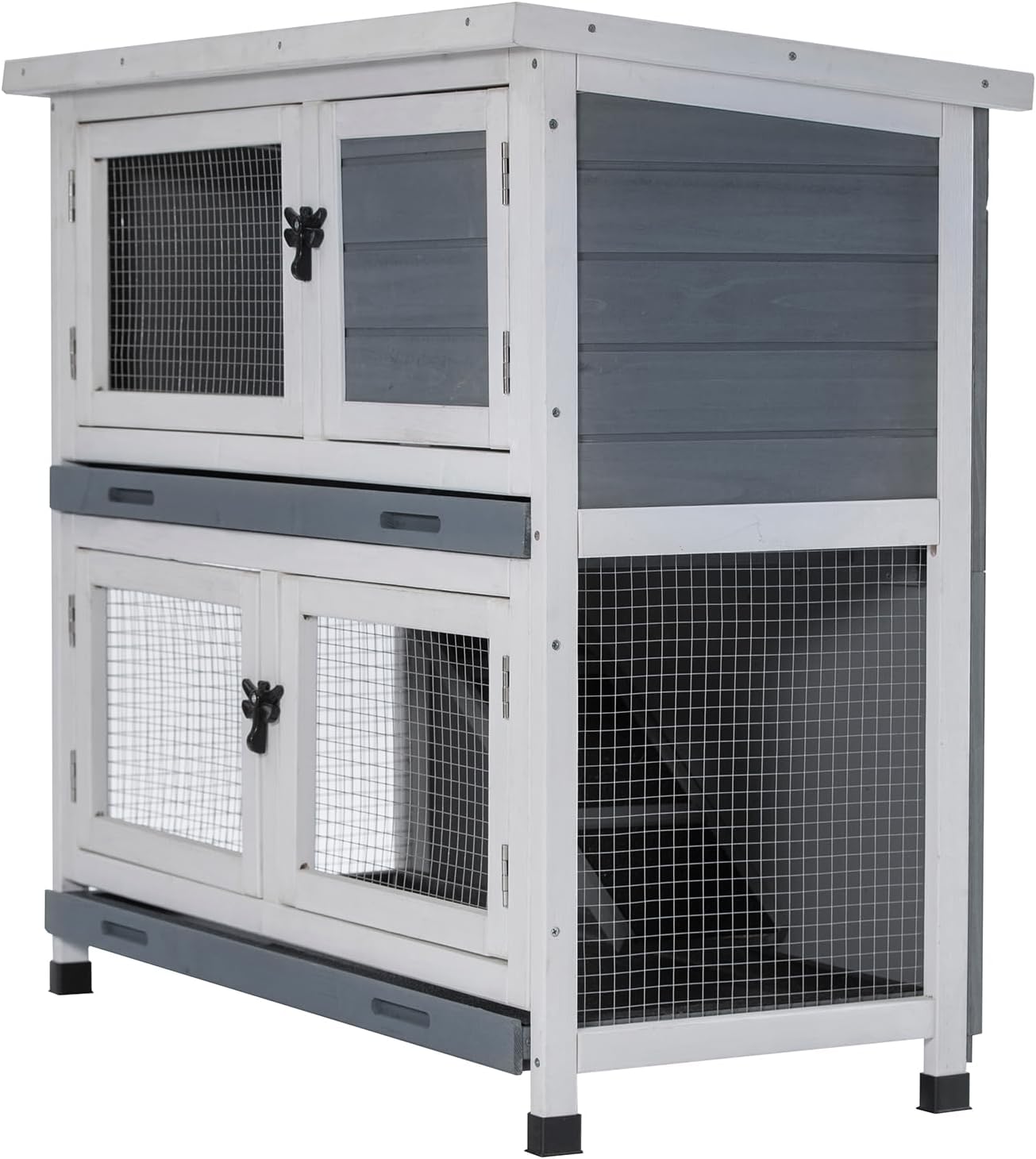 2-Story Solid Wood Rabbit Hutch with 2 Main Rooms, Grey - GlobalHabitat Supply