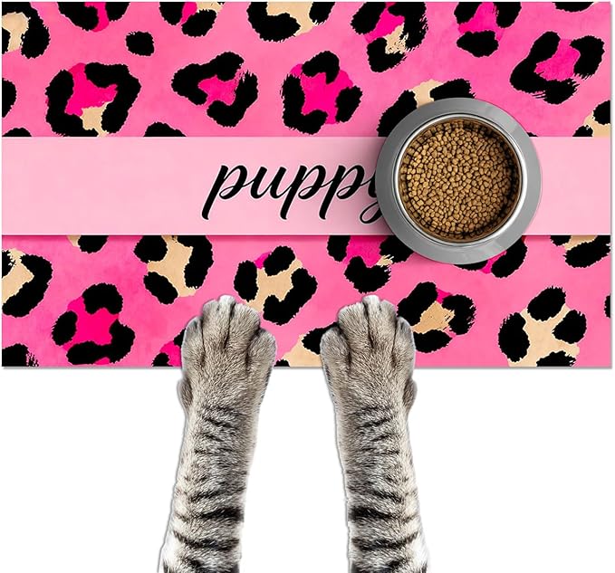Puppy Feeding Mat 20x12 inch Pink Leopard Print Dog Bowl Placemat Non Slip Mat by HOMETITUTE