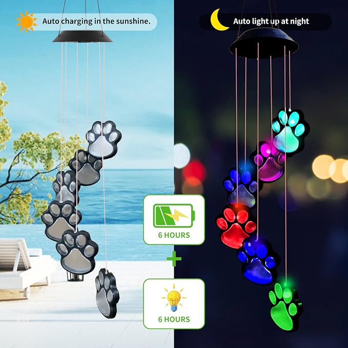 Paw Print Solar Wind Chimes for Outside, Dogs Cat Pet Pawprint Remembrance Wind - Image 2